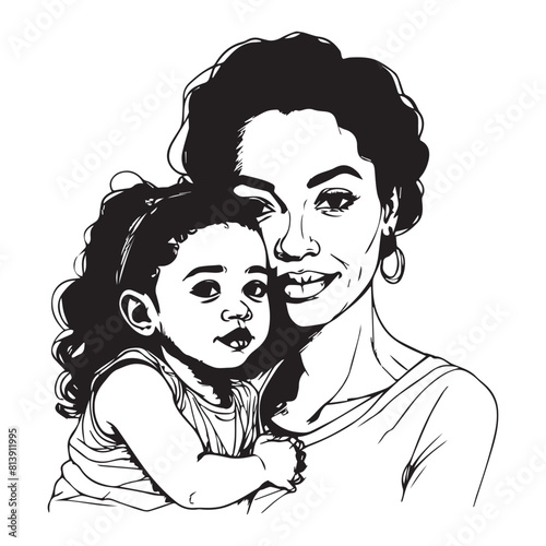 Vector mom with her female child in continuous line art drawing style mother and daughter