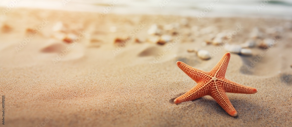 A starfish nestled in the sandy beach providing ample copy space A starfish nestled in the sandy beach providing ample copy space