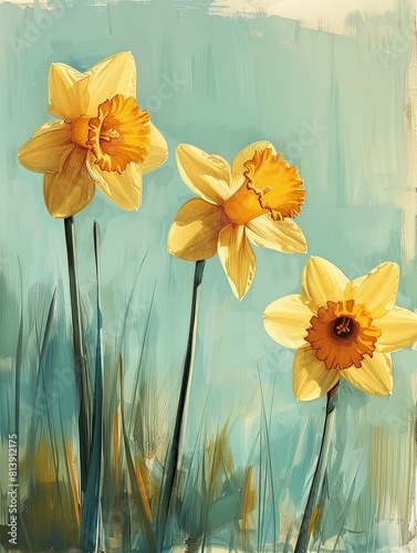 Three yellow daffodils painted in watercolor on a blue background.