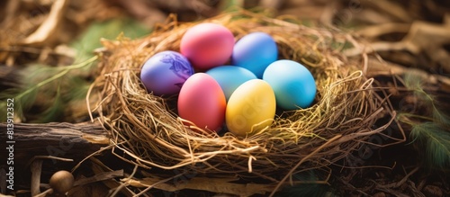 Colorful eggs resting in a nest on the ground with an open area available for text or visuals. Copy space image. Place for adding text and design
