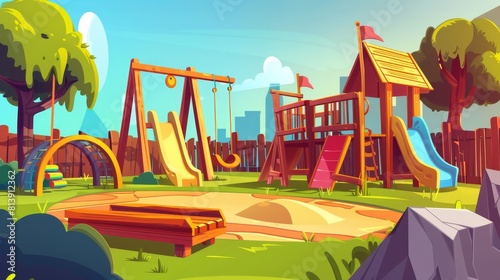 Graphite cartoon illustration of kindergarten playground, seesaw, slider, sandpit on green lawn with slide, sandbox, and swing. © Mark