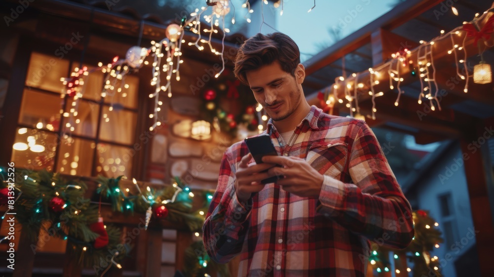 On Christmas Eve, handsome young man uses his smartphone in the backyard of his idyllic home which is decorated with garlands. Guy sends happy holiday messages to his family and friends. On Christmas Eve, handsome young man uses his smartphone in the backyard of his idyllic home which is decorated with garlands. Guy sends happy holiday messages to his family and friends.