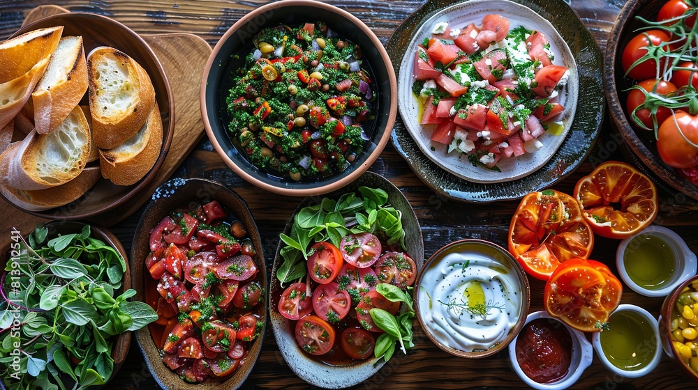 Top view of delicious Mediterranean dishes.