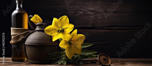 A yellow flower rests gently on a wooden background accompanied by an old soldier s flask and St George s ribbon This copy space image embodies the concept of a World War II memorial and honors the f photo