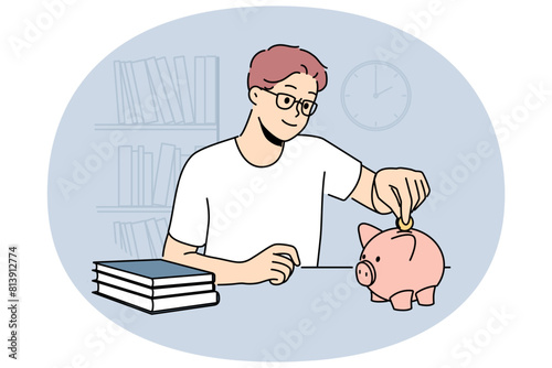 Smiling man in glasses put coin in piggybank saving money for future. Happy guy make financial investment in piggy bank. Budget management. Vector illustration.