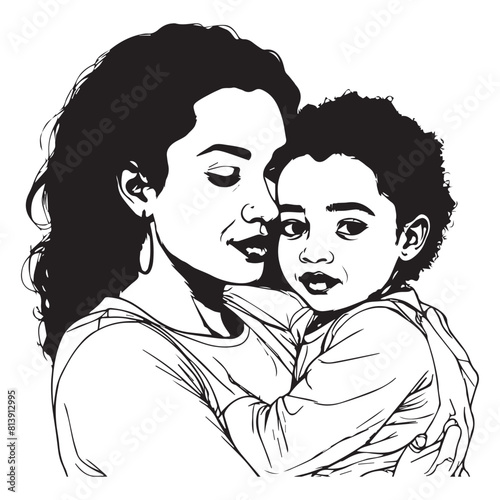 Vector mom with her female child in continuous line art drawing style mother and daughter