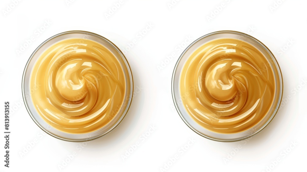 Set of mustard sauce in a bowl on top and from the side, isolated on transparent background, realistic 3D modern illustration, icon, clipart, and illustration with swirl. Set of mustard sauce in a bowl on top and from the side, isolated on transparent background, realistic 3D modern illustration, icon, clipart, and illustration with swirl.