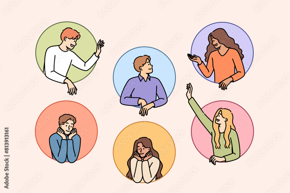 Communication of friendly people looking out from small circles, for concept of chatting in social media. Communication of men and women talking with friends and sharing positive life stories Communication of friendly people looking out from small circles, for concept of chatting in social media. Communication of men and women talking with friends and sharing positive life stories