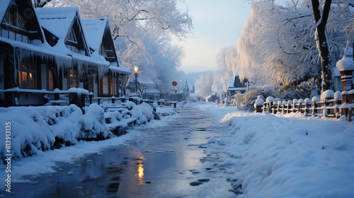 Contemporary Residential Street Scene Covered in Snow Due to Heavy Snowfall Landscape Background