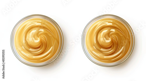 Set of mustard sauce in a bowl on top and from the side, isolated on transparent background, realistic 3D modern illustration, icon, clipart, and illustration with swirl. photo
