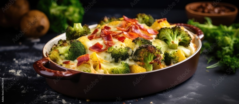 Copy space image of a broccoli bacon and cheese bake displayed on a gray stone background Copy space image of a broccoli bacon and cheese bake displayed on a gray stone background