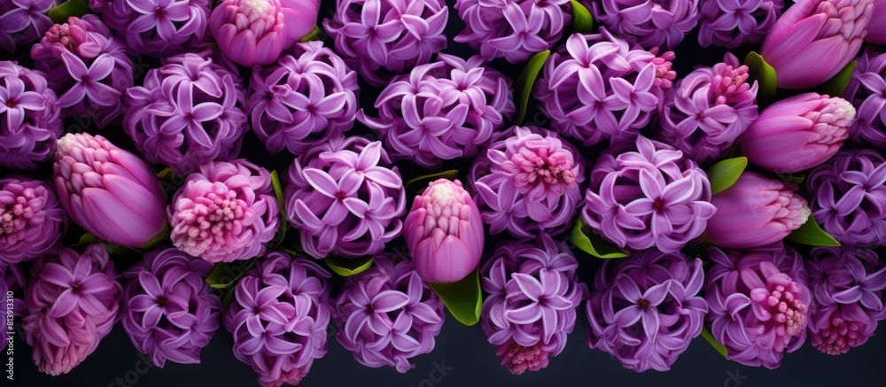 Top view of a flat lay image featuring a captivating background of fresh hyacinths with a tag providing ample copy space Top view of a flat lay image featuring a captivating background of fresh hyacinths with a tag providing ample copy space