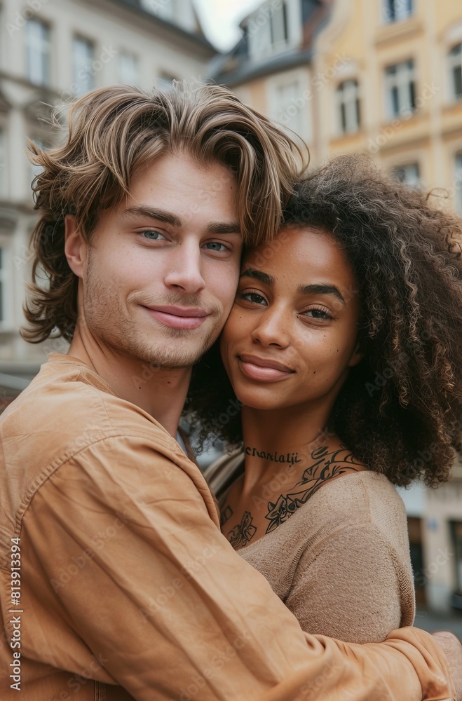 Intimate portrait of a diverse couple embracing in a city setting Intimate portrait of a diverse couple embracing in a city setting