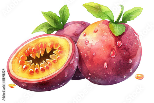 A watercolor painting of passion fruit. watercolour PNG transparent background  photo