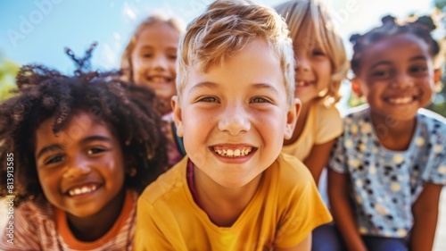 Group of diverse children smiling together in a sunny outdoor setting, reflecting joy and unity among different ethnicities, international childrens day