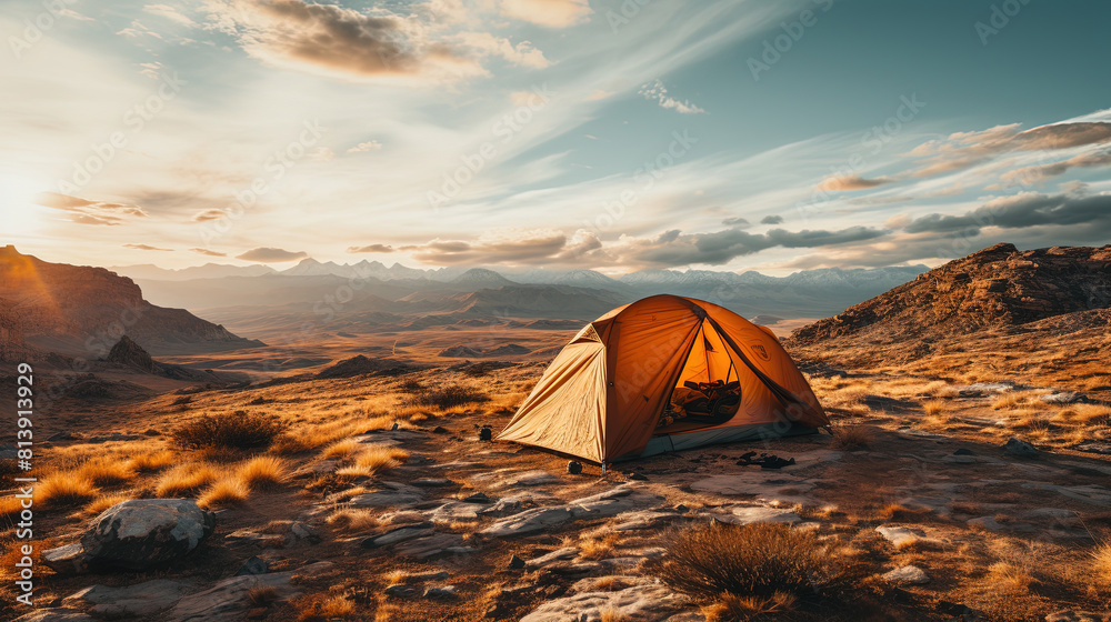 A Tent In Middle of Desert Landscape On Blurry Background