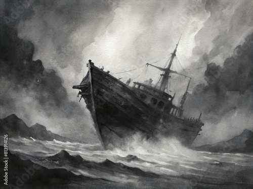 Watercolor painting of the ship in the stormy weather in the sea