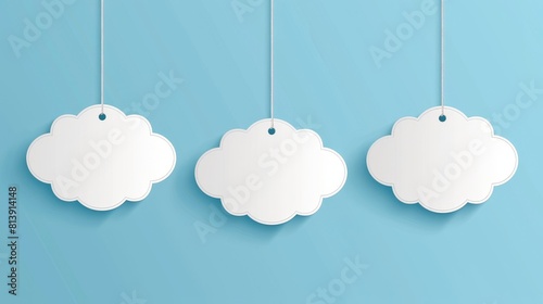 Realistic 3D modern mockup set of wobbler speech bubbles. Printed white promotion clouds stickers on plastic transparent strip. Isolated clear pricing labels. photo