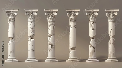 Ancient classic ivories marble, stone greece classic architecture, traditional interior colonnade facade design, set of realistic 3d modern obelisks