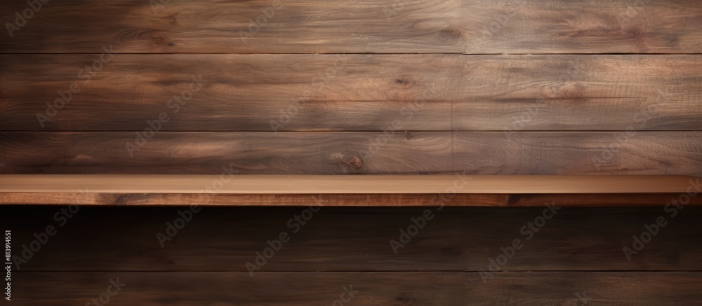 A wooden shelf against a textured plank background with copy space image