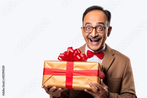 Portrait of a glad indian man in his 40s holding a gift while standing against white background © Markus Schröder