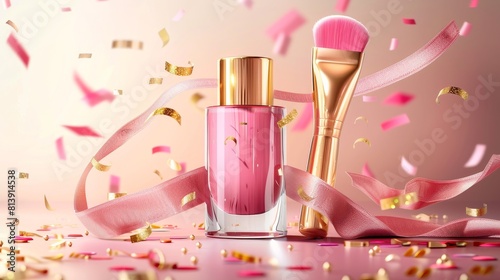 The manicure studio brand poster features realistic nail polish in an open glass bottle  a brush with pink lacquer and a nail file with silk ribbon and golden confetti. Promo banner  advertisement