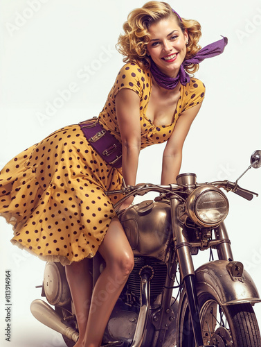A pin-up girl wearing 50's style clothes sitting on a vintage motorcycle