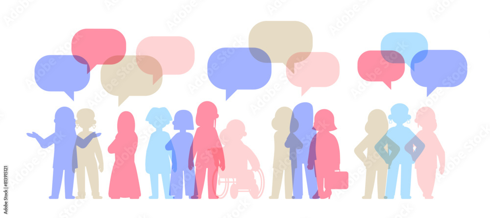 Different women Color overlay silhouettes. Female community concept with dialogue chats