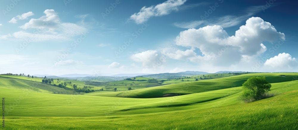 A picturesque countryside scene in spring with lush green fields stretching as far as the eye can see providing a beautifully serene copy space image A picturesque countryside scene in spring with lush green fields stretching as far as the eye can see providing a beautifully serene copy space image