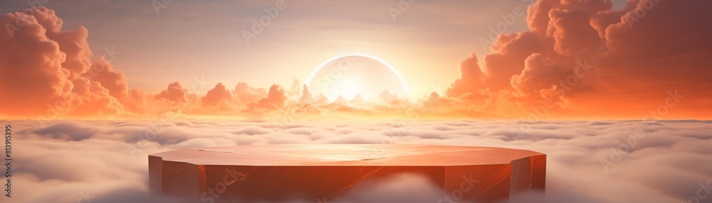 The photo shows a beautiful sunset over the ocean, podium