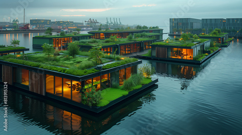 Integration with Nature - Views of the port with integrated natural elements such as green roofs or walls covered in vegetation, emphasizing the ecological aspect of design. 