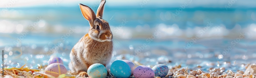 A cute Easter bunny with pastel-colored eggs on the beach.