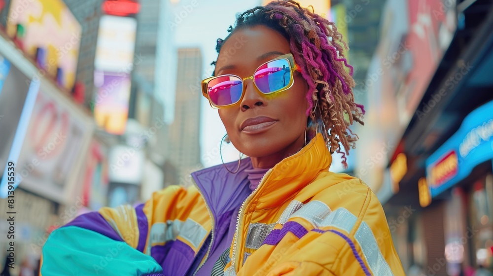 Middle aged black woman dressed in bold hipster clothes, multicolored glasses, standing outdoor on city street and posing front the camera, AI generated image Middle aged black woman dressed in bold hipster clothes, multicolored glasses, standing outdoor on city street and posing front the camera, AI generated image