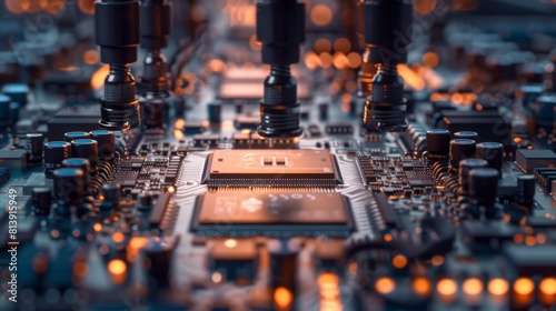 Macro close-up of factory machinery assembling printed circuit boards with automated robotic arms, surface-mounted technology connecting microchips to the motherboard.