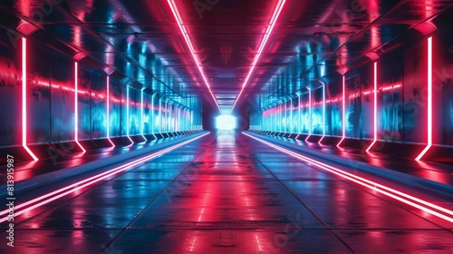 A long, futuristic corridor with bright red and blue neon lights