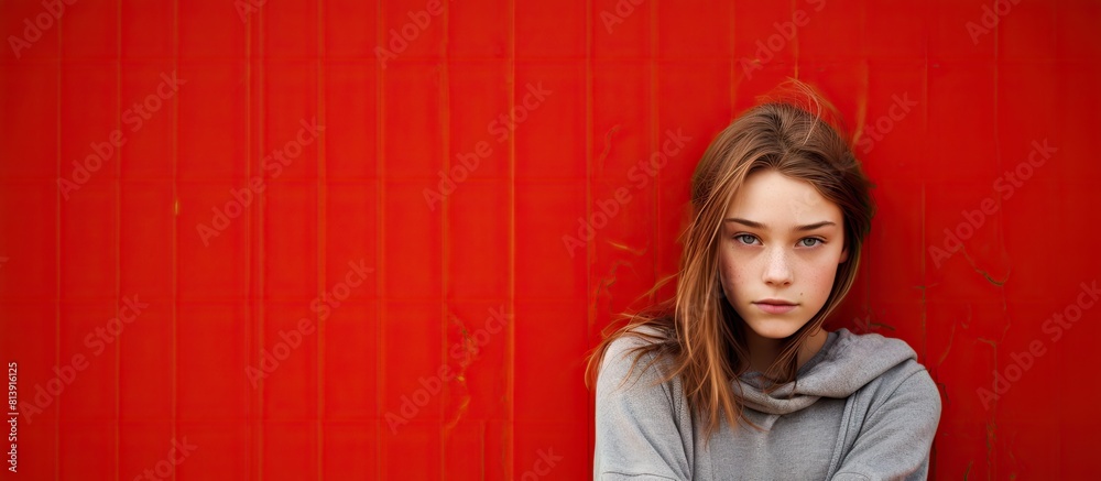 A teenage girl confidently poses against a vibrant red wall creating a visually appealing copy space image A teenage girl confidently poses against a vibrant red wall creating a visually appealing copy space image