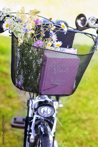 Colorful bouquet of wildflowers and pink color book in the basket of black bicycle in nature green grass background in sunny day