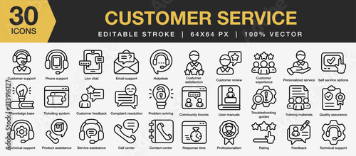 Set of 30 Customer service icon set. Editable Stroke Icon Collection. Includes customer support, helpdesk, professionalism, call center, feedback and More. Outline icons vector collection.