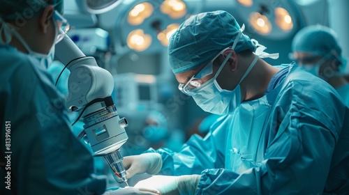 A robotic arm assisting a surgeon during a minimally invasive procedure, exemplifying the synergy between human expertise and AI technology in delivering precision healthcare interventions. photo