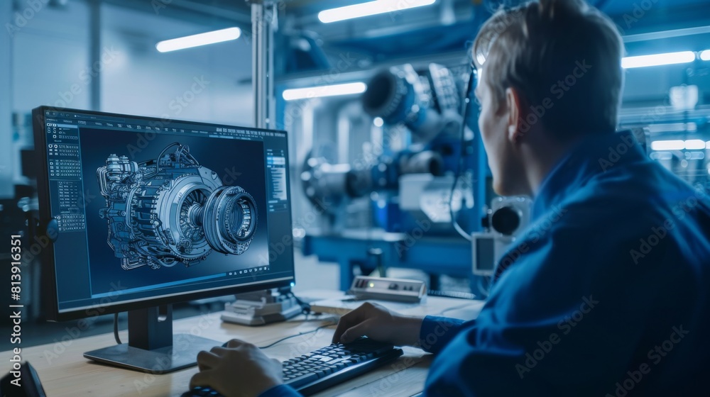 An Engineer designs a 3D engine model on a personal computer while working at a factory. An Engineer designs a 3D engine model on a personal computer while working at a factory.