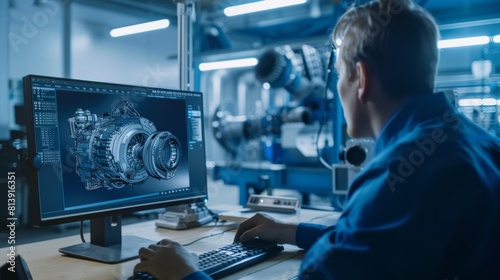 An Engineer designs a 3D engine model on a personal computer while working at a factory.