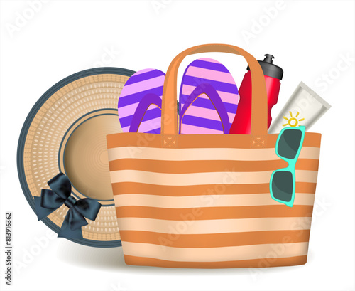 Beach bag with leisure items. Beach hat, sunglasses, sun cream, slippers.  Summer illustrations with beach things. Rest on the sea. Vector EPS