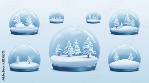 Crystal semisphere containers small, medium, and large size. Festive xmas gift mock up. Realistic 3D modern set of realistic glass domes and christmas snow globe souvenirs. photo