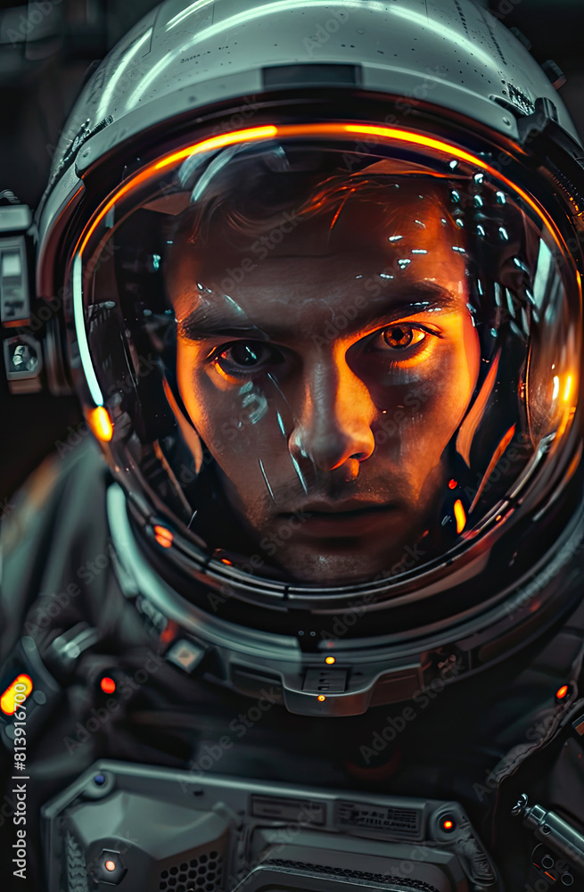 A close up portrait of a male astronaut wearing a futuristic helmet with glowing orange eyes. The astronaut is looking at the camera with a serious expression