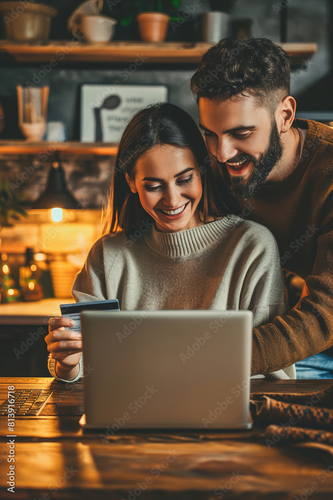A happy young couple making a credit card payment on a laptop together at home. A happy young couple making a credit card payment on a laptop together at home.