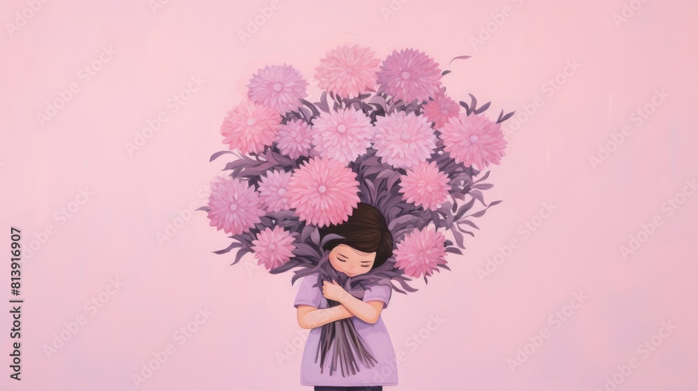 woman hugging bouquet of flowers