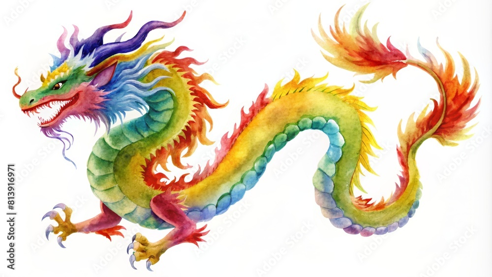 Watercolor colorful dragon in Chinese traditional style with splash of paintings
