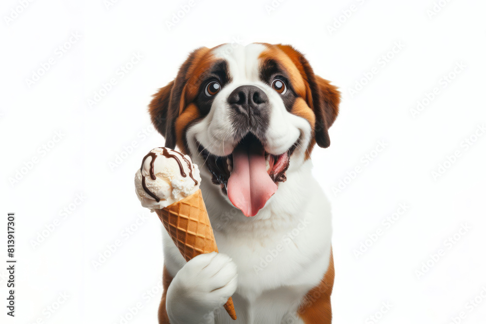 surprised Happy dog eating ice cream cone on a color background surprised Happy dog eating ice cream cone on a color background
