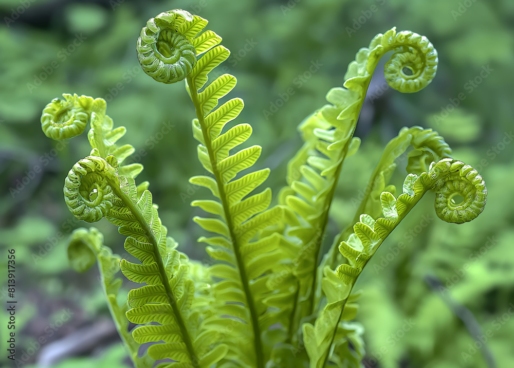 A closeup of young fern fronds with unwinged spore clusters, showcasing their unique structure and the vibrant green hues they add to woodland foliage. A closeup of young fern fronds with unwinged spore clusters, showcasing their unique structure and the vibrant green hues they add to woodland foliage.