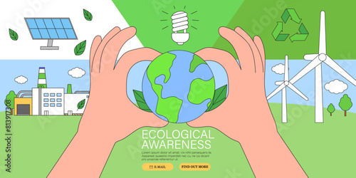 ESG, green energy, sustainable industry or ecological production concept banner. Environmental, Social, Corporate Governance vector illustration. Hands or arms hold earth banner, placard, poster.